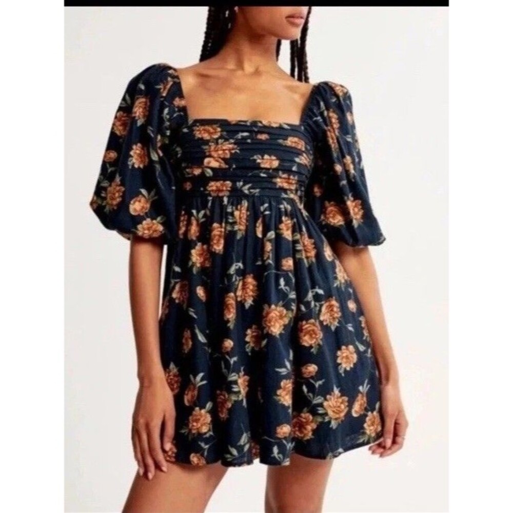 Abercrombie & Fitch Emerson Linen-Blend Navy Puff Sleeve Mini Dress Size XL EUC - Picture 3 of 6